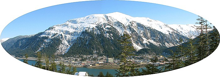Panorama of Downtown Juneau at the Base of Mt. Juneau.